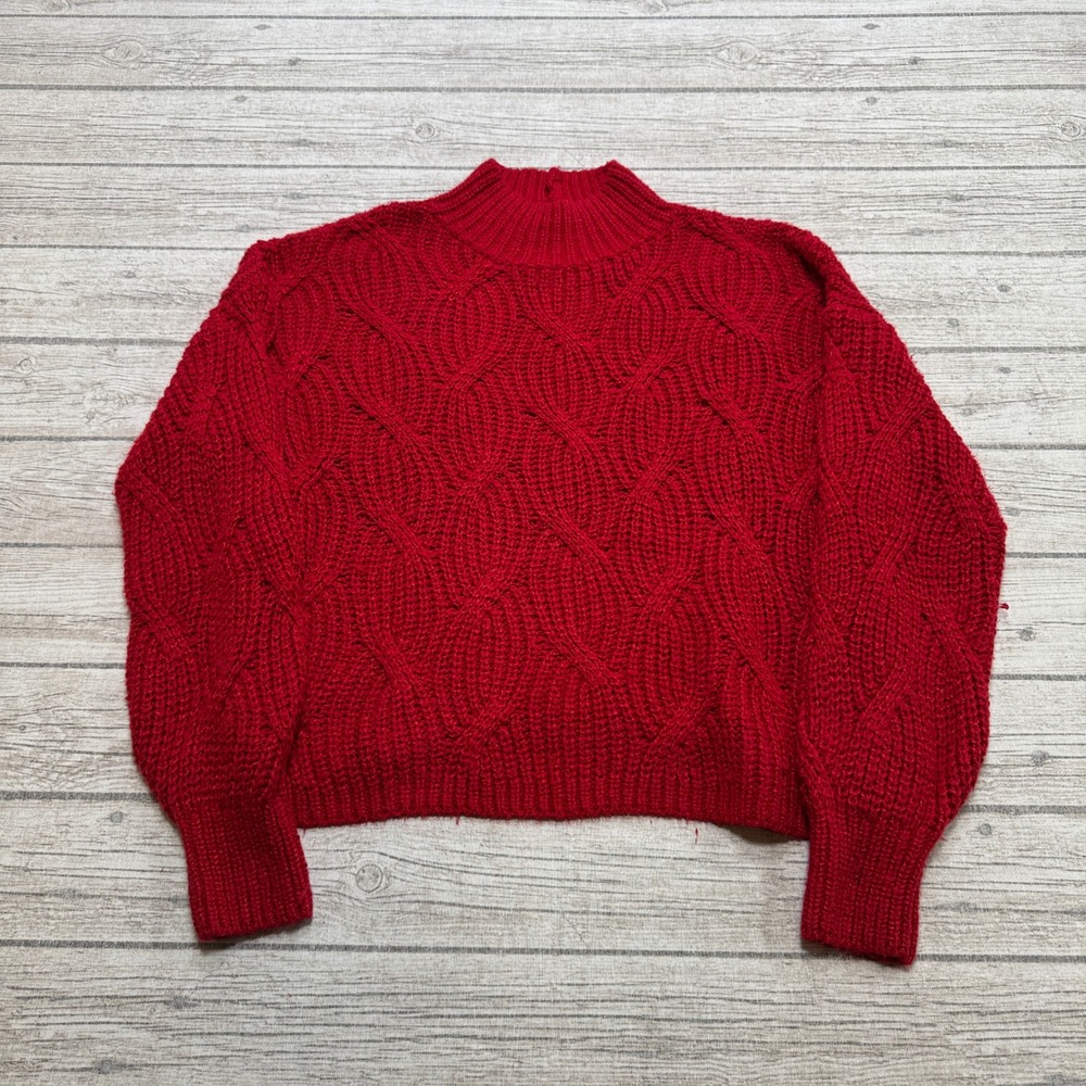 American Eagle Sweater Women's Medium Red Mockneck Cable Knit Cropped Pullover
